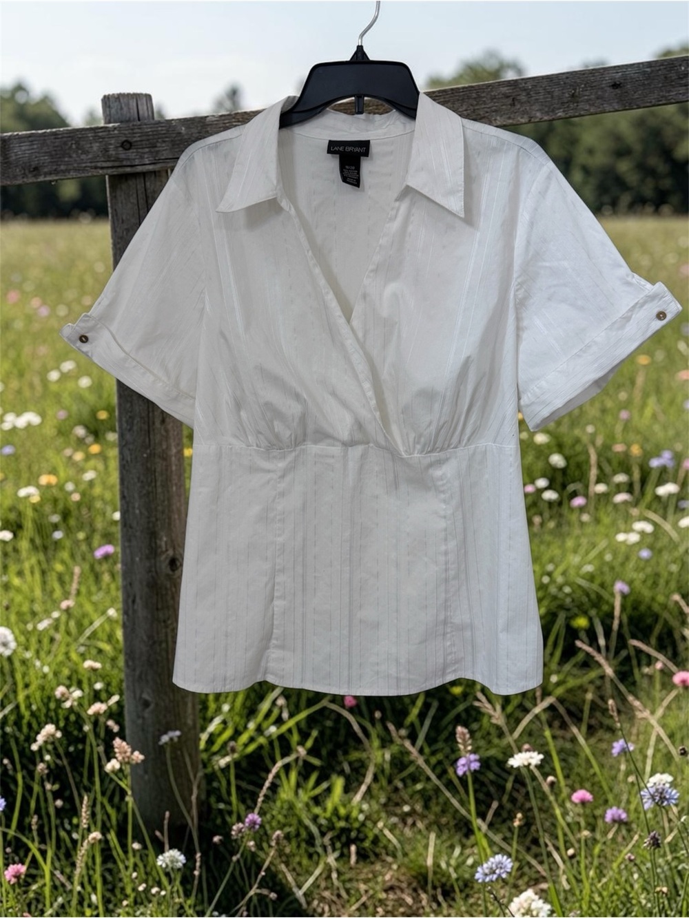 Lane Bryant White Short Sleeve Wrap-Front Blouse